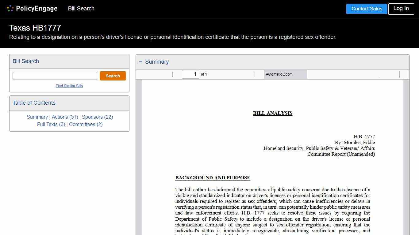 HB1777 | Texas 2025-2026 | Relating to a designation on a person's driver's license or personal identification certificate that the person is a registered sex offender. - Legislative Tracking | PolicyEngage