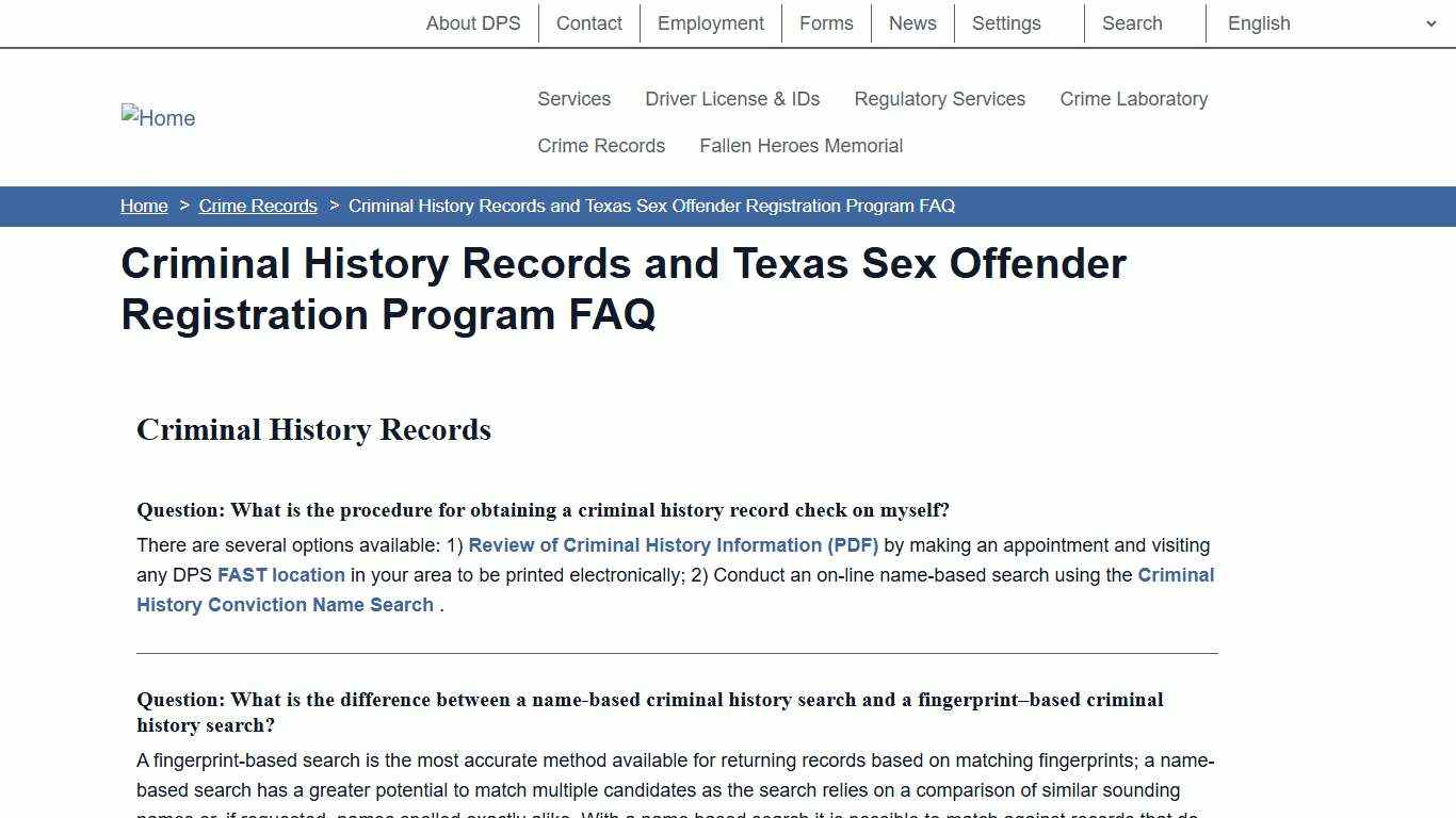 Criminal History Records and Texas Sex Offender Registration Program FAQ | Department of Public Safety
