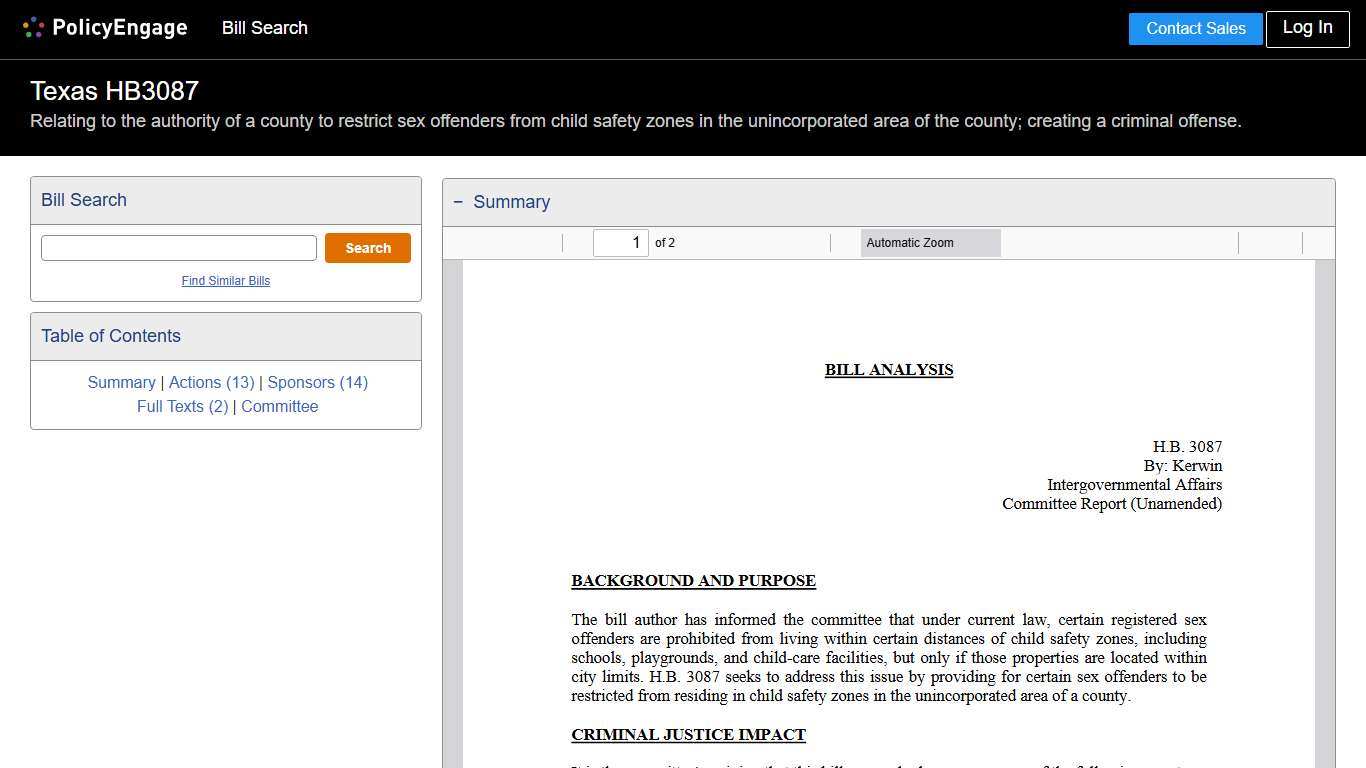 HB3087 | Texas 2025-2026 | Relating to the authority of a county to restrict sex offenders from child safety zones in the unincorporated area of the county; creating a criminal offense. - Legislative Tracking | PolicyEngage